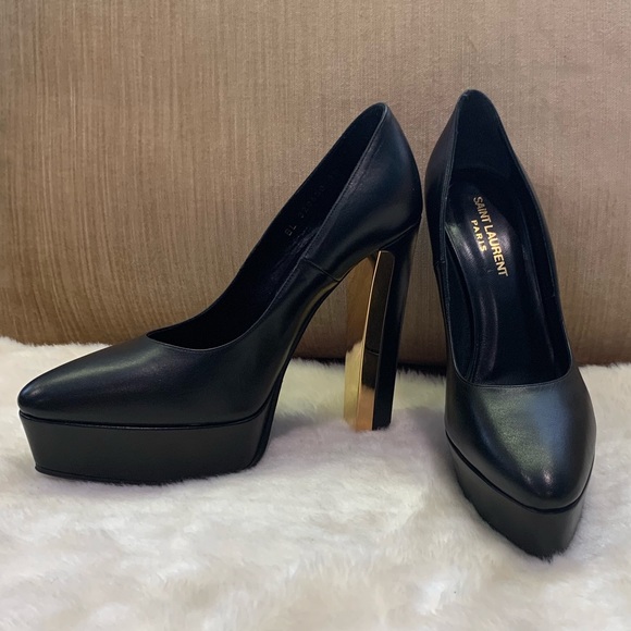 Saint Laurent YSL Black Leather+gold platform pump - Picture 4 of 8